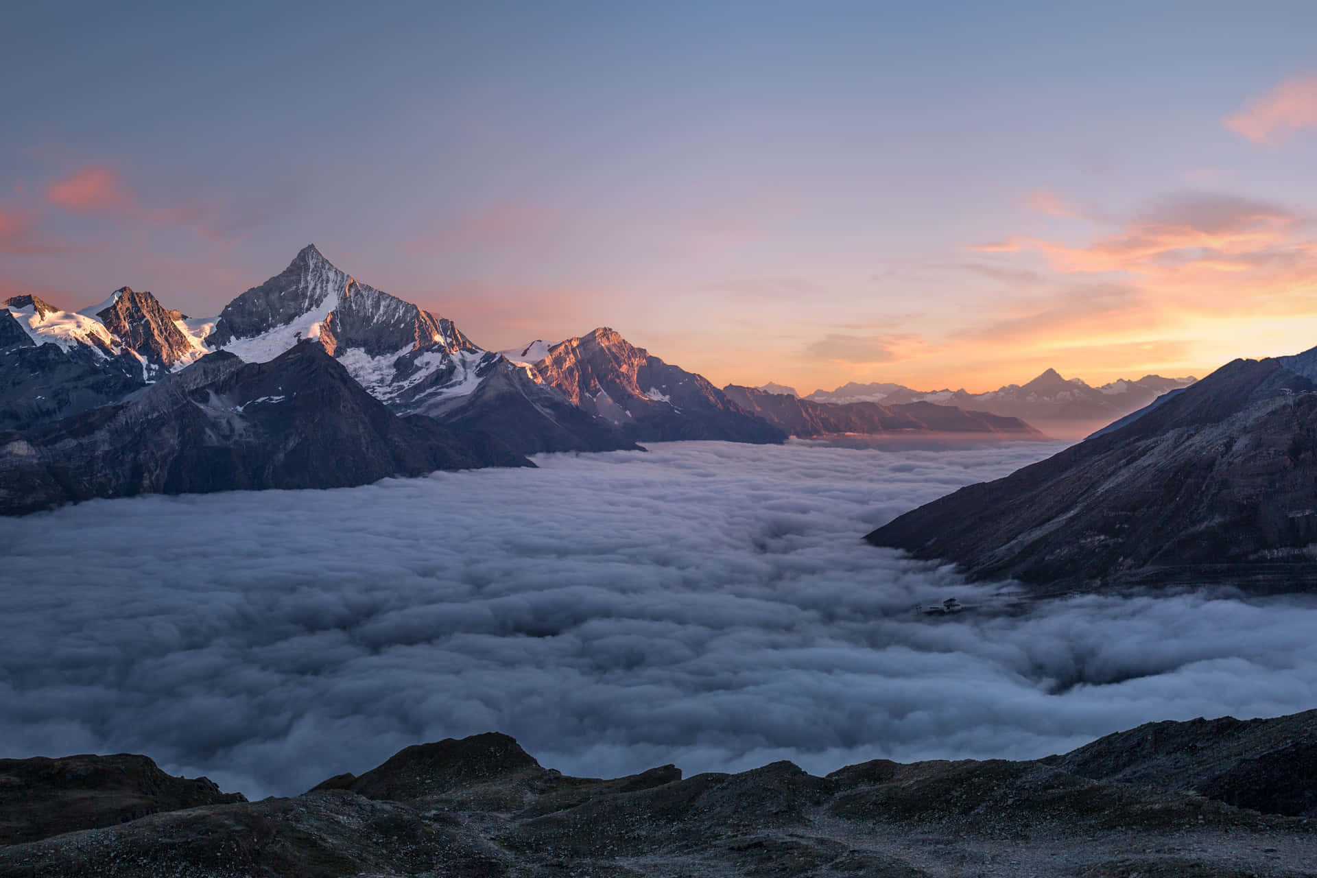 Swiss Alps Sunset Seaof Clouds Wallpaper