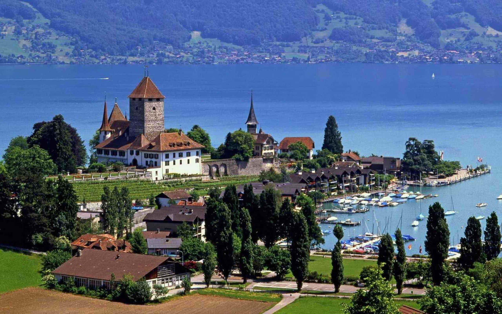 Swiss Lakeside Castleand Marina Wallpaper