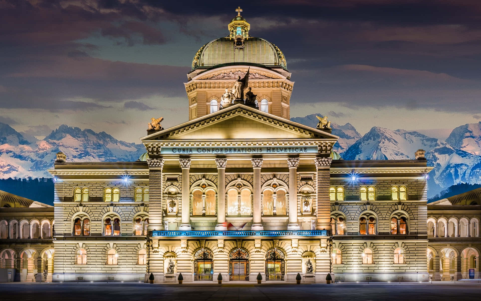Swiss Parliament Buildings Snowy Mountain Range Wallpaper