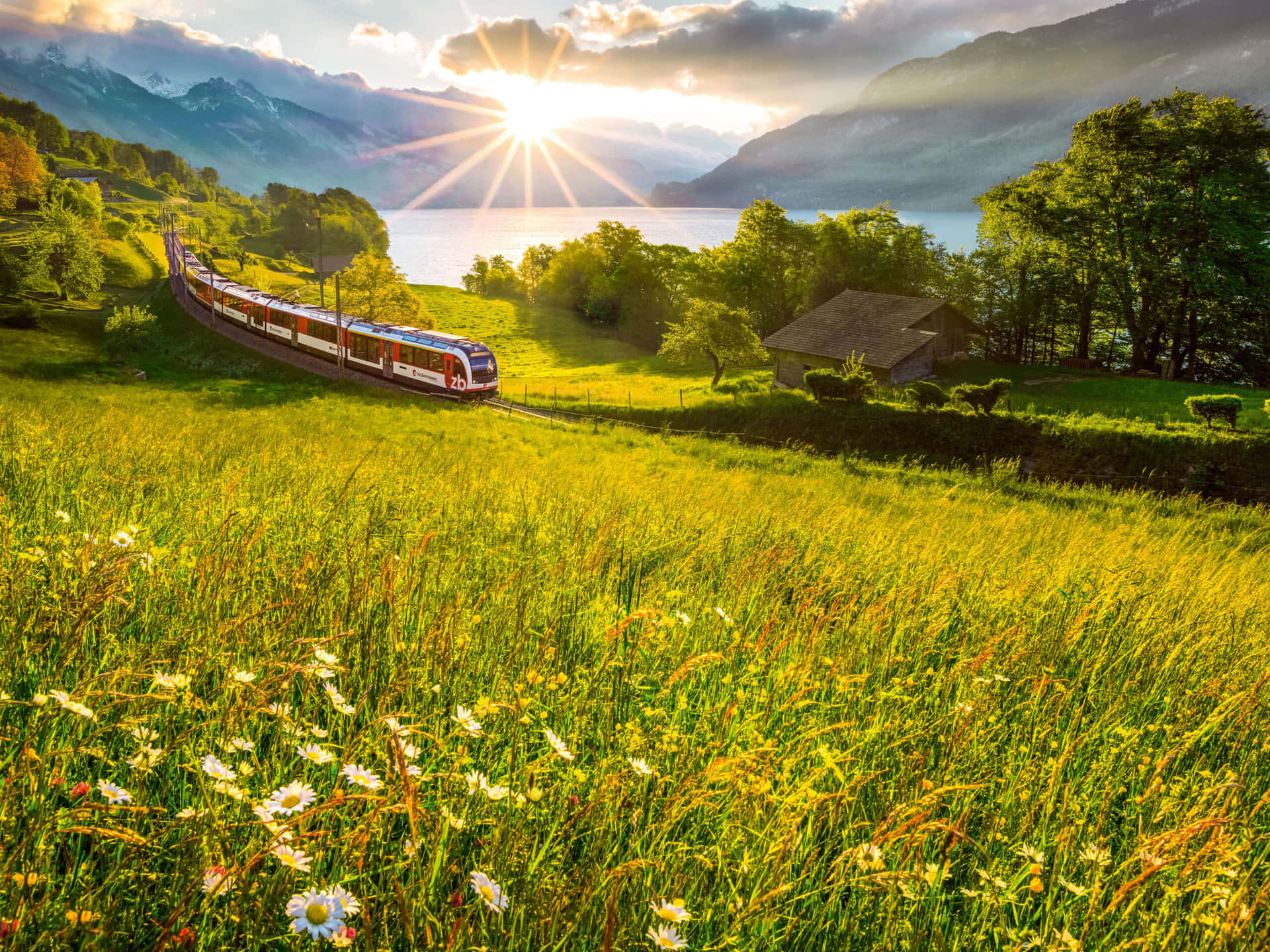 Swiss Train Sunset Scenery Wallpaper