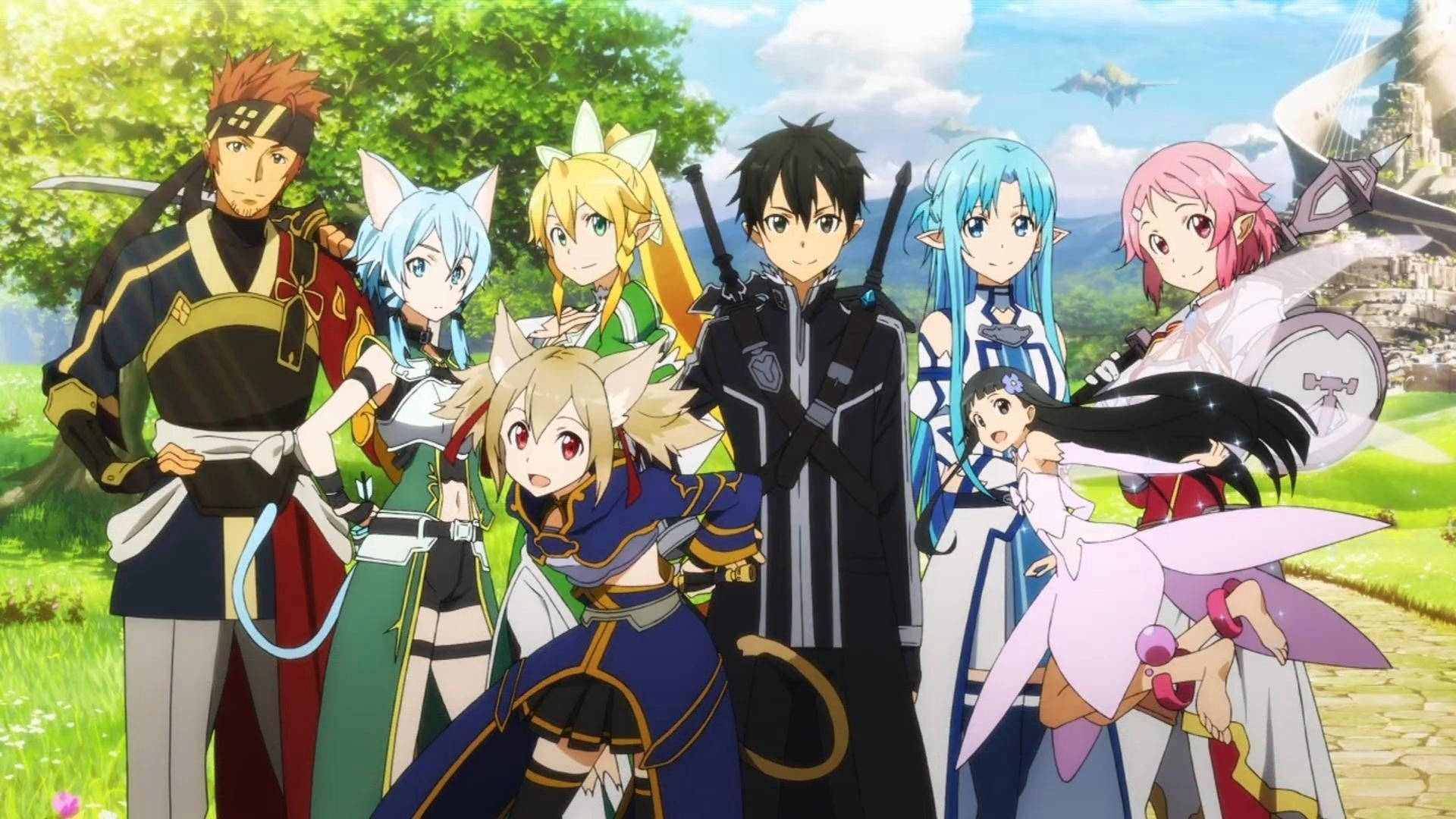 The Anime Characters Are Standing Together In Front Of A Path Wallpaper
