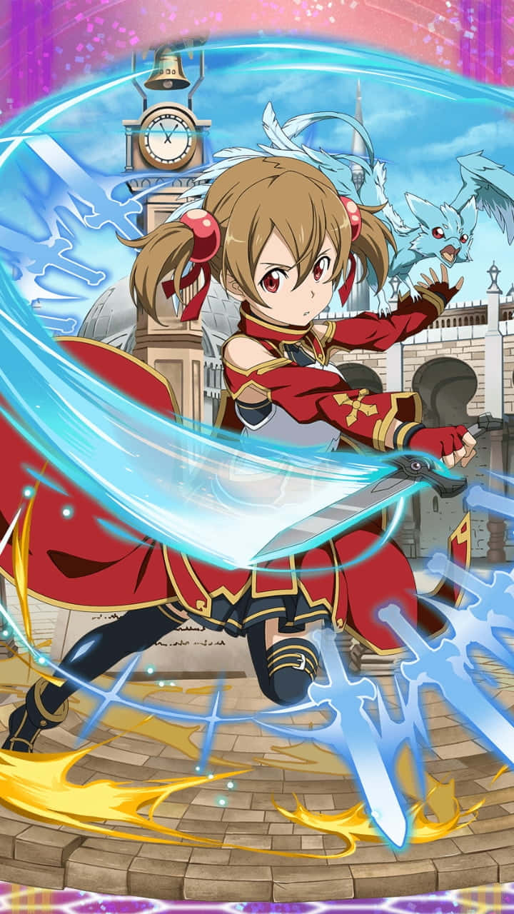 Silica confidently poses with her dragon Pina in the world of Sword Art Online. Wallpaper