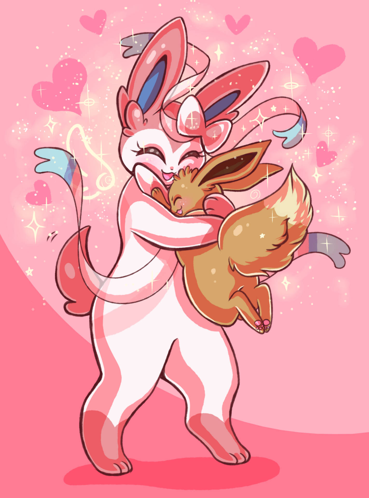 Cuddle Time with Sylveon and Eevee Wallpaper