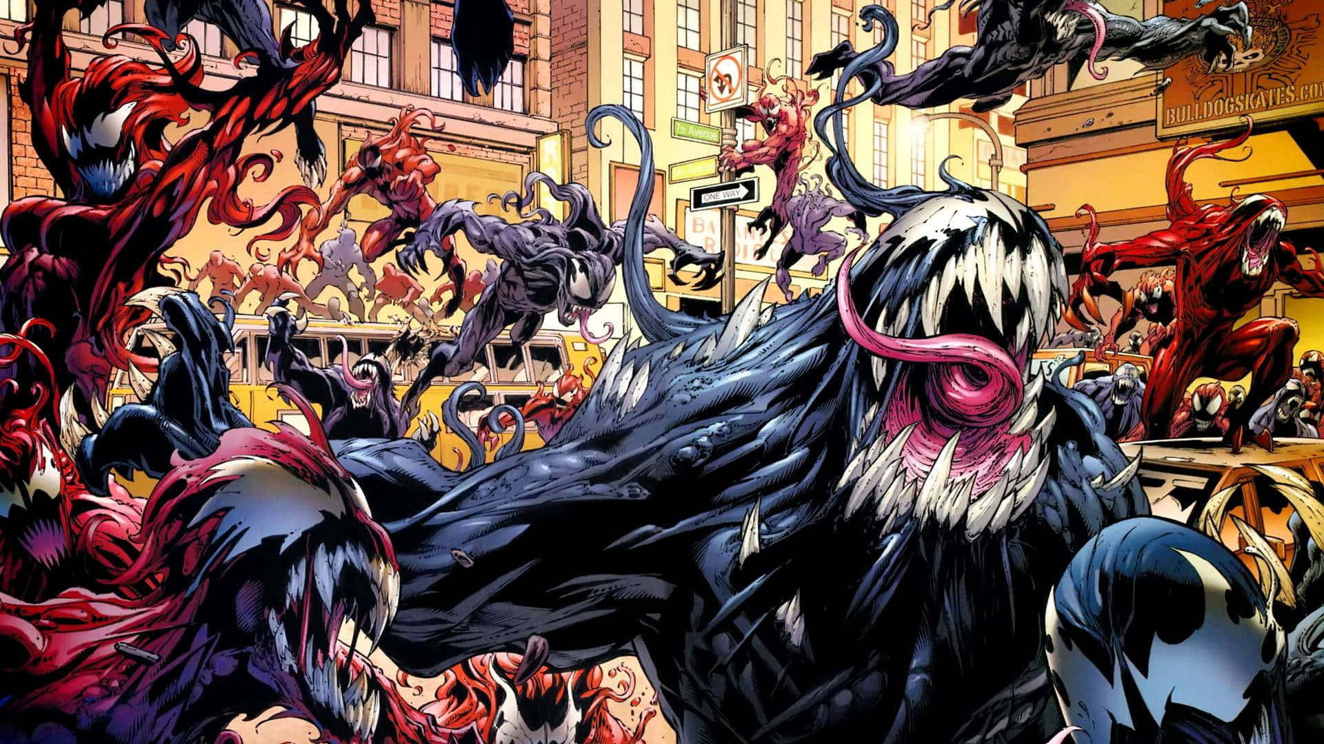 Intense Symbiote Battle on Rooftop Wallpaper
