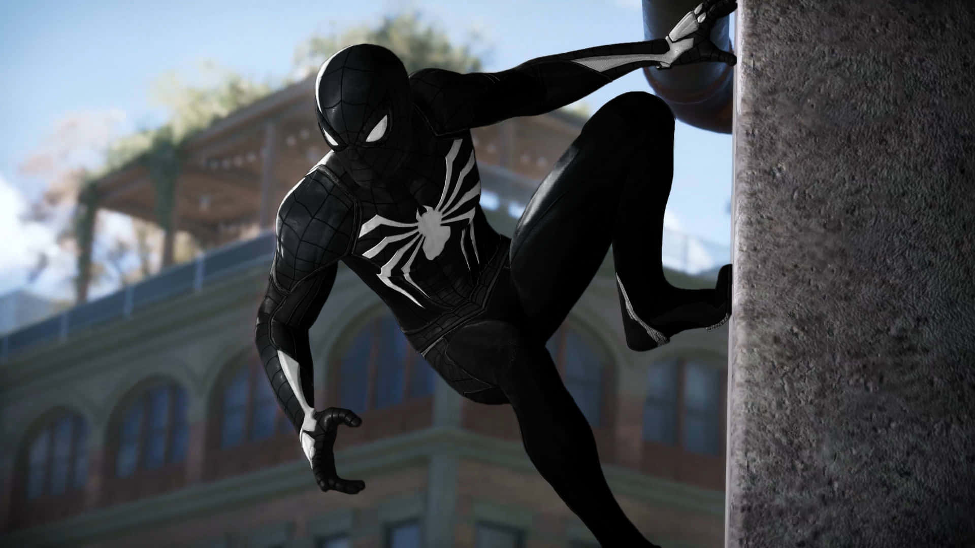 Symbiote Spider Man Clingingto Building Wallpaper