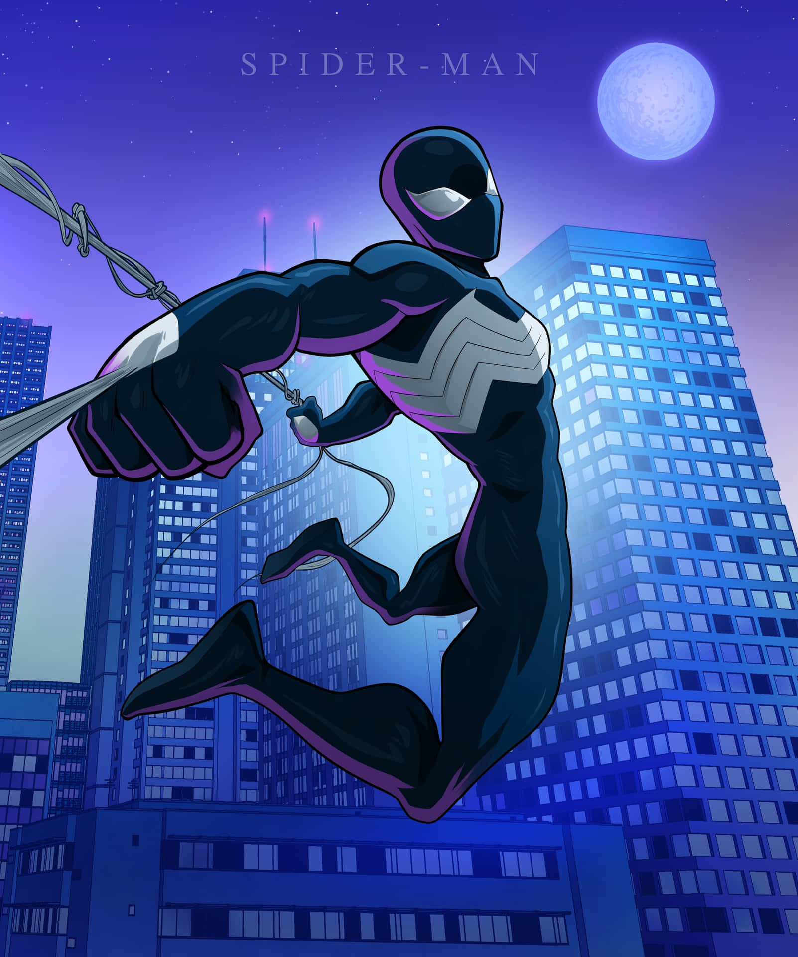 Symbiote Spider Man Swinging At Night Wallpaper