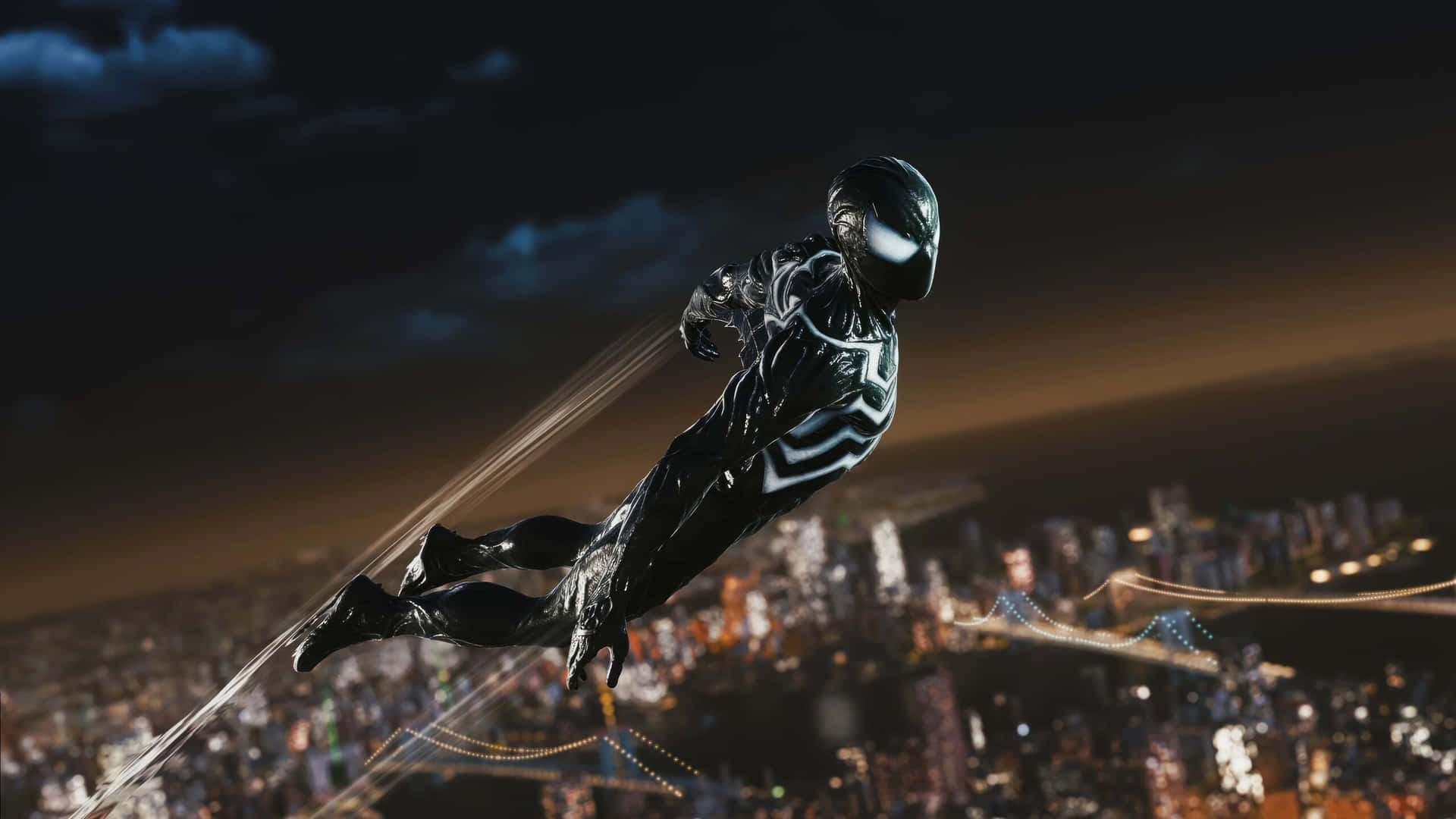 Symbiote_ Spider_ Man_ Swinging_ Over_ Cityscape.jpg Wallpaper