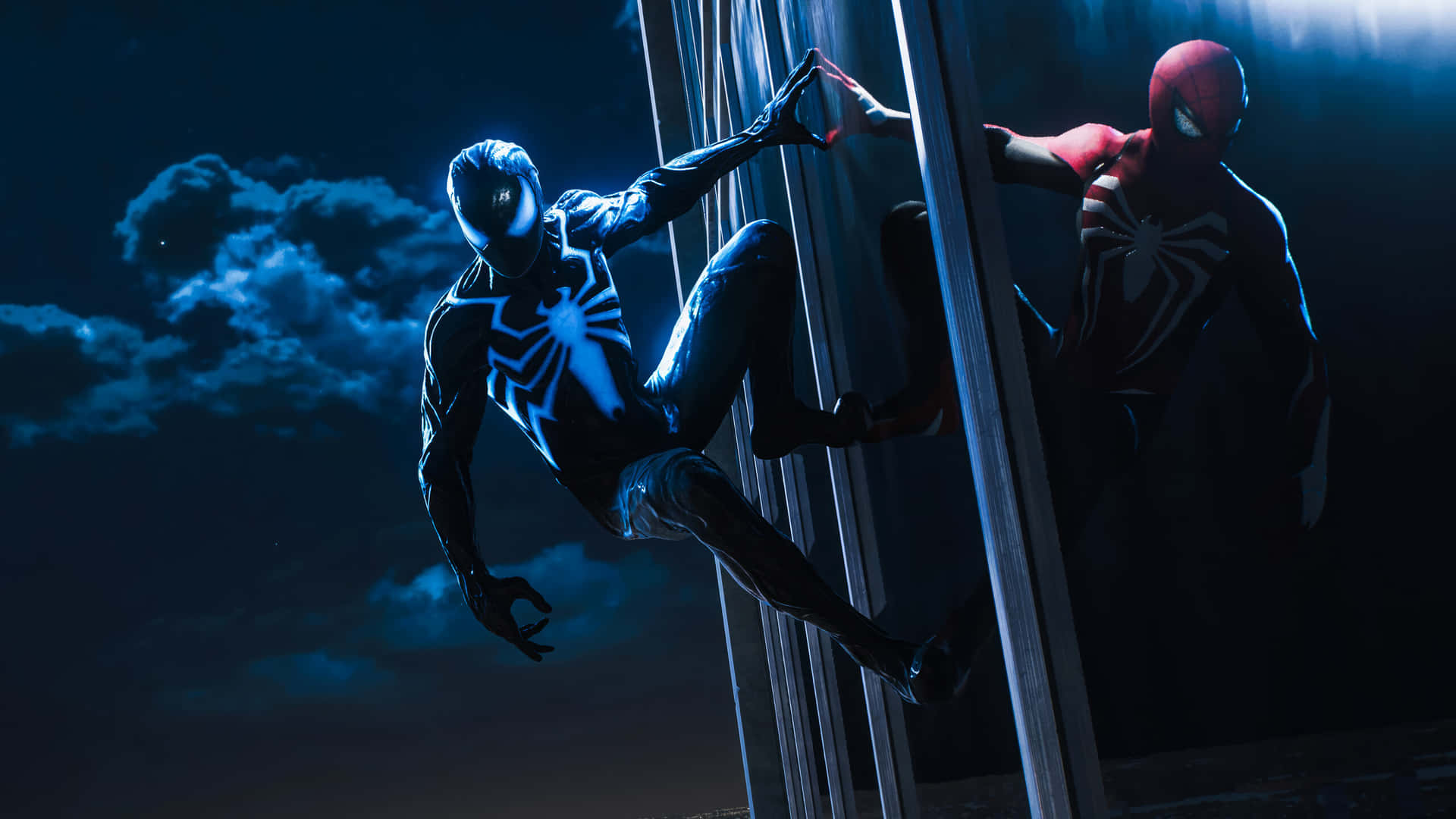Symbiote Spider Manand Classic Spidey Nighttime Encounter Wallpaper