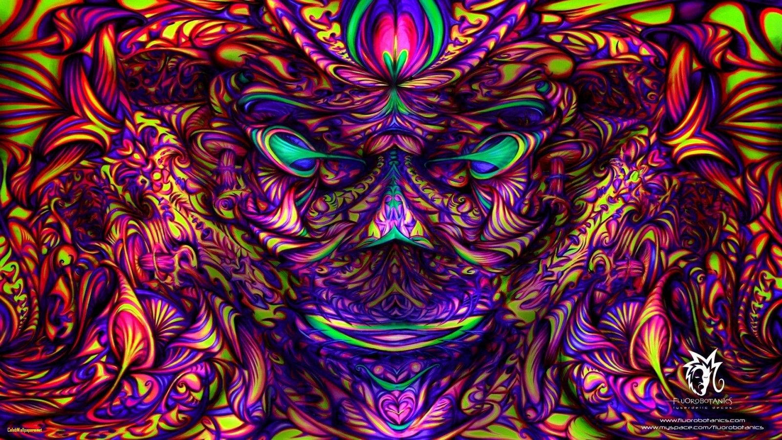 A symmetrical psychedelic art wallpaper of human face.