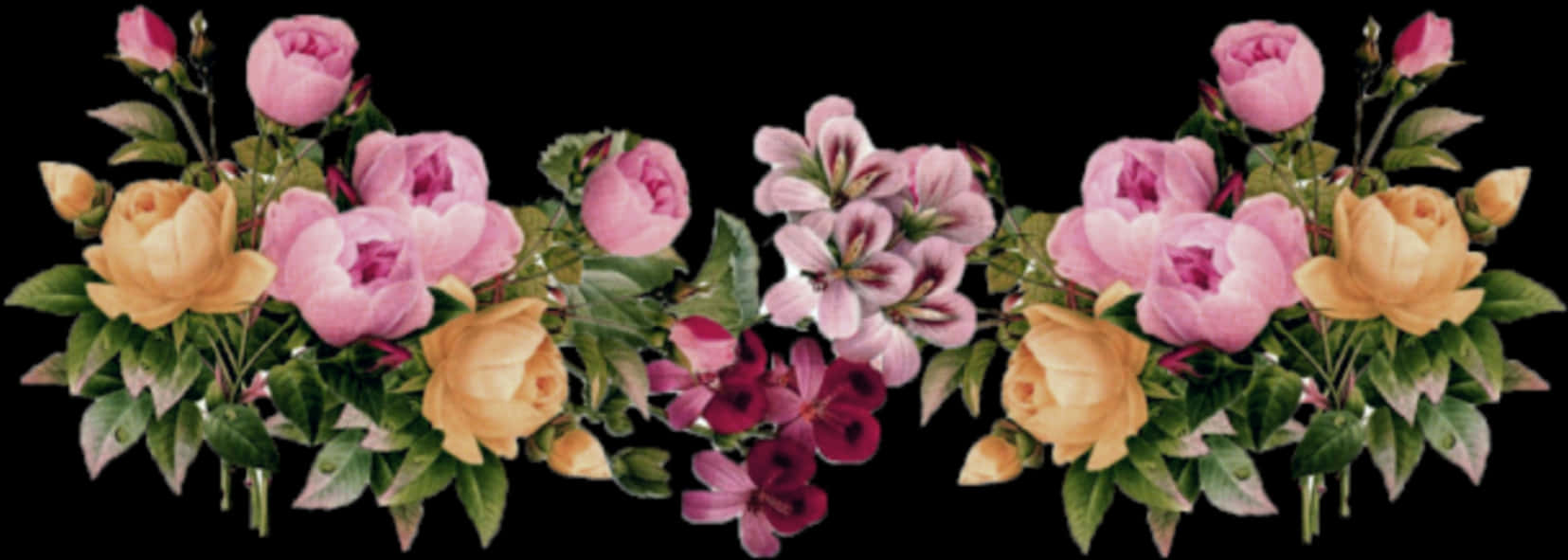 Symmetrical Floral Arrangementon Black Background PNG