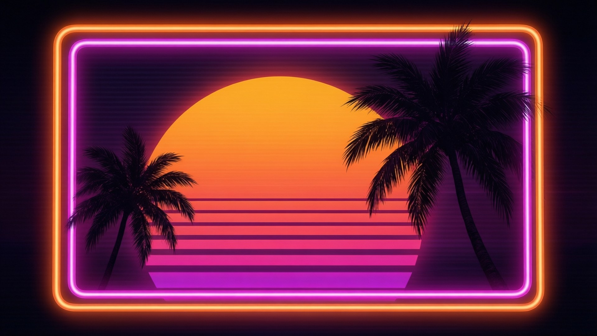 Bordo neon retrò con palme e tramonto