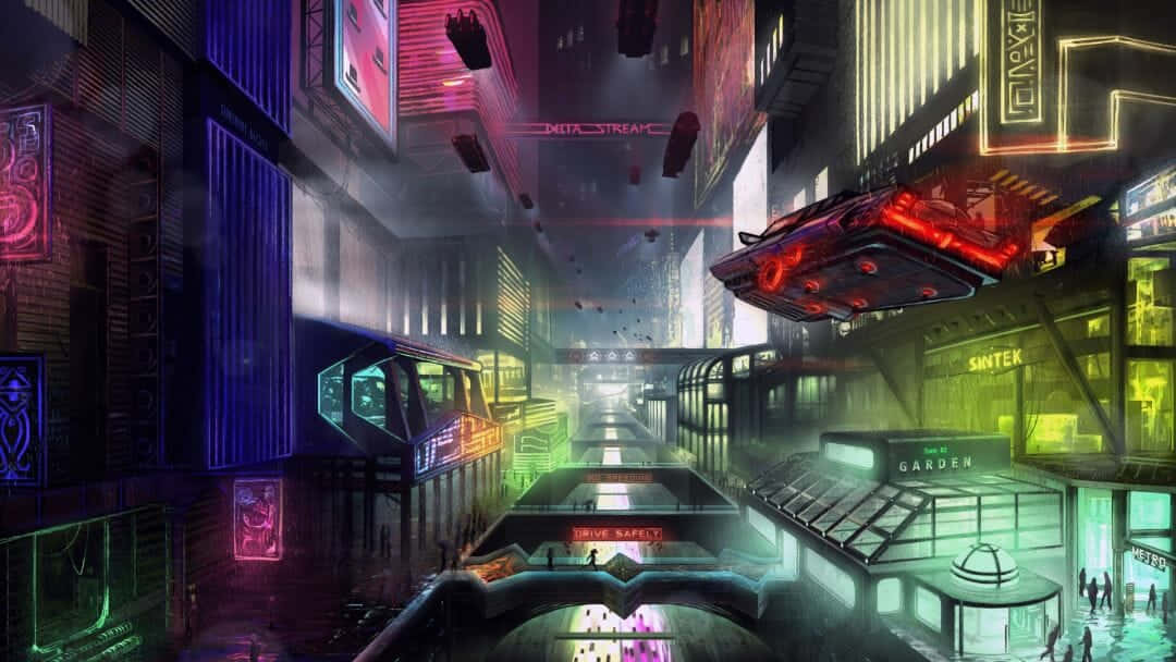 A Futuristic City With Neon Lights And Buildings Wallpaper