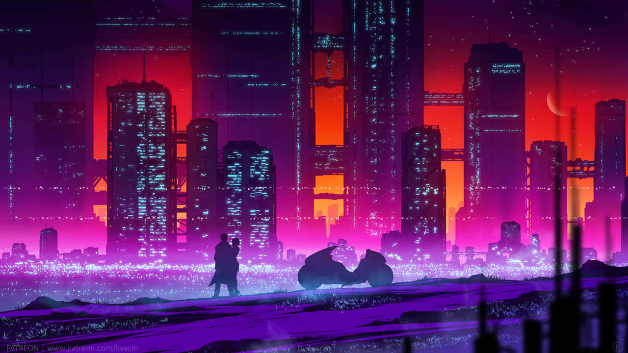 A Cityscape With A Purple Sky And A City Wallpaper