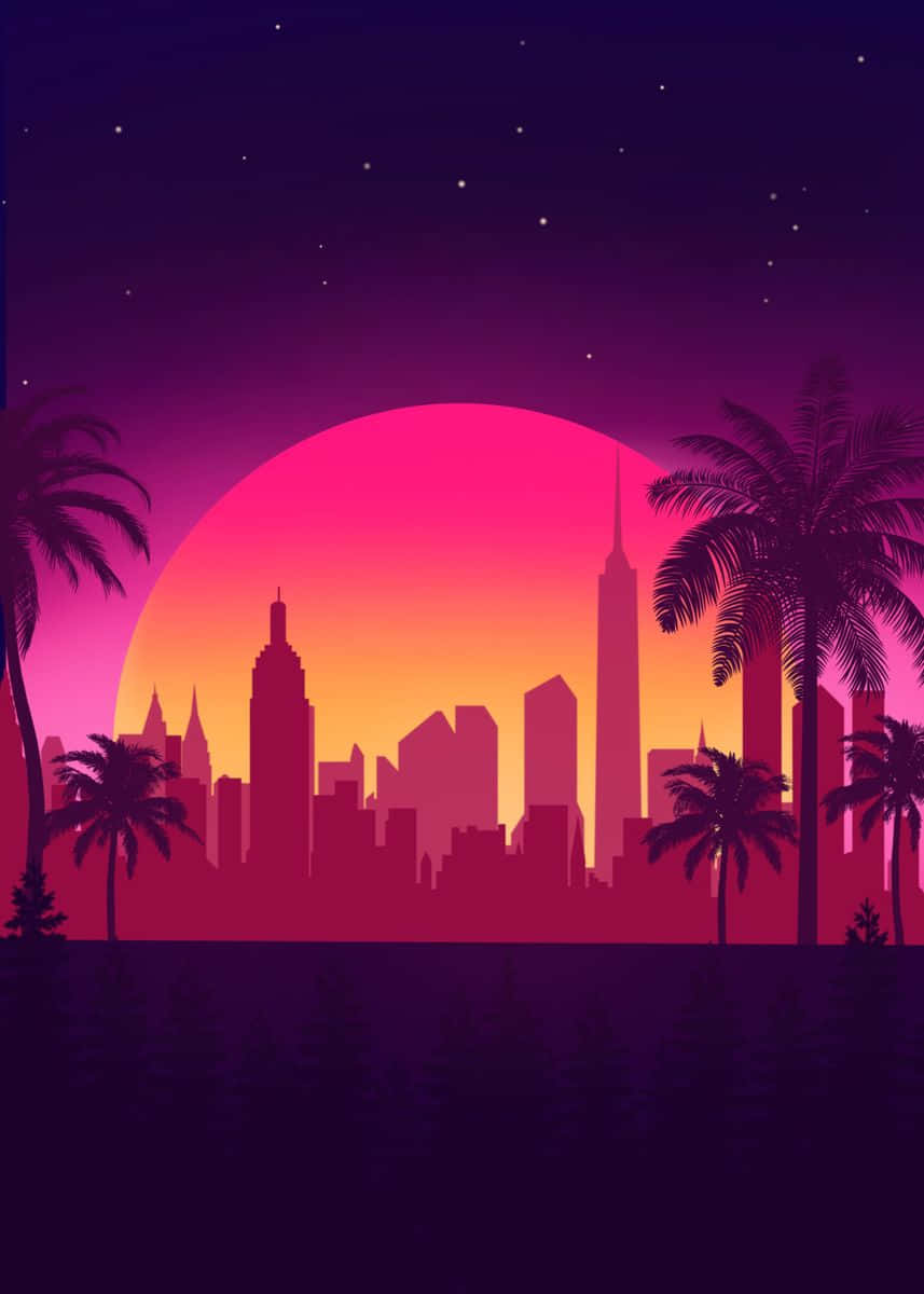 Synthwave City Palm Trees Wallpaper