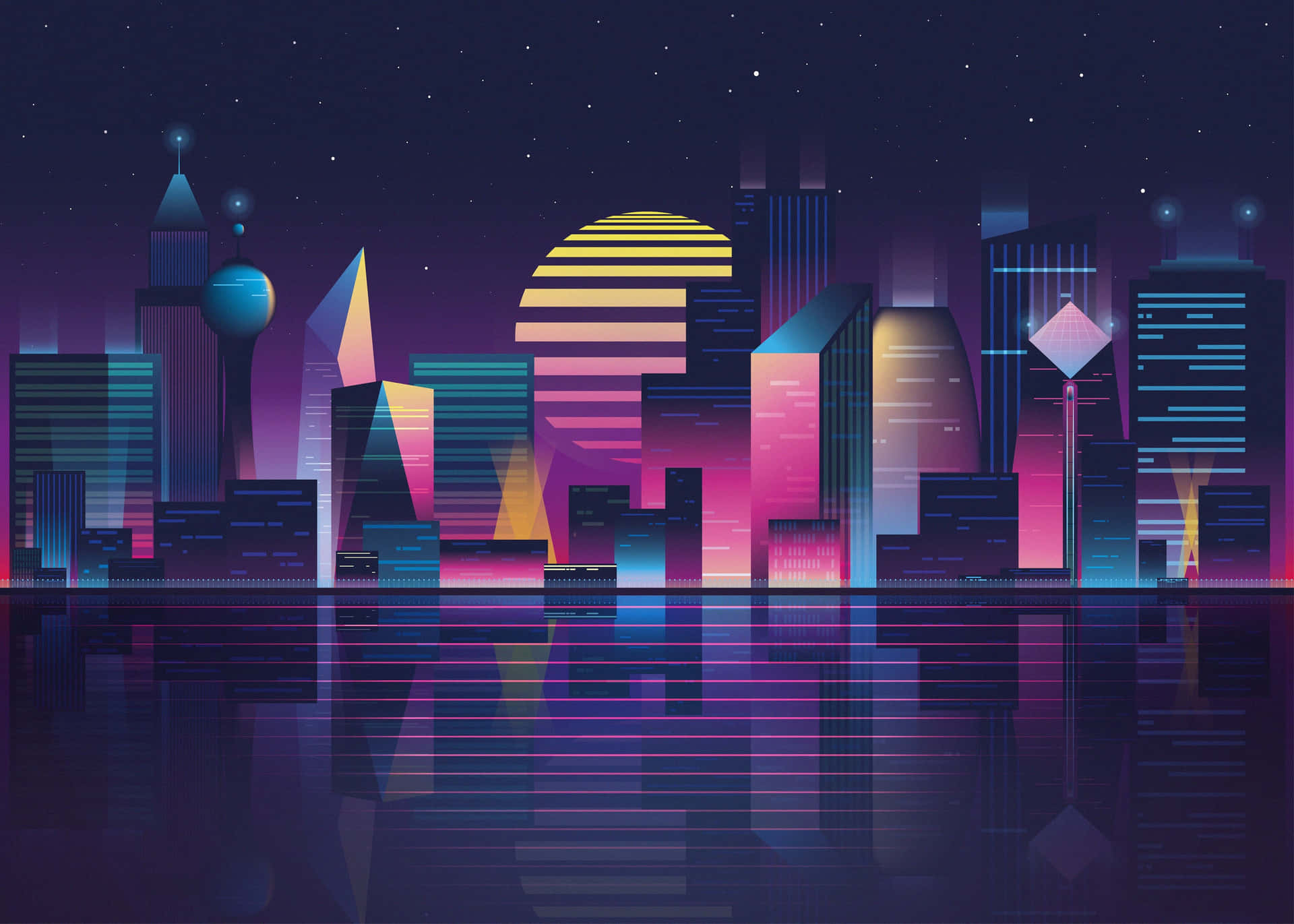 scapeUdforsk Technicolor Drømmeverden af Synthwave Cityscape. Wallpaper
