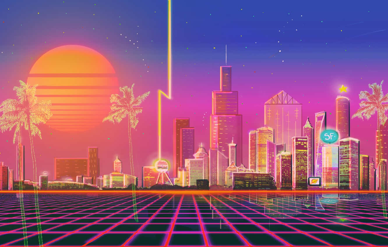 Biler, bygninger og farverige lys oplyser natten i Synthwave City. Wallpaper