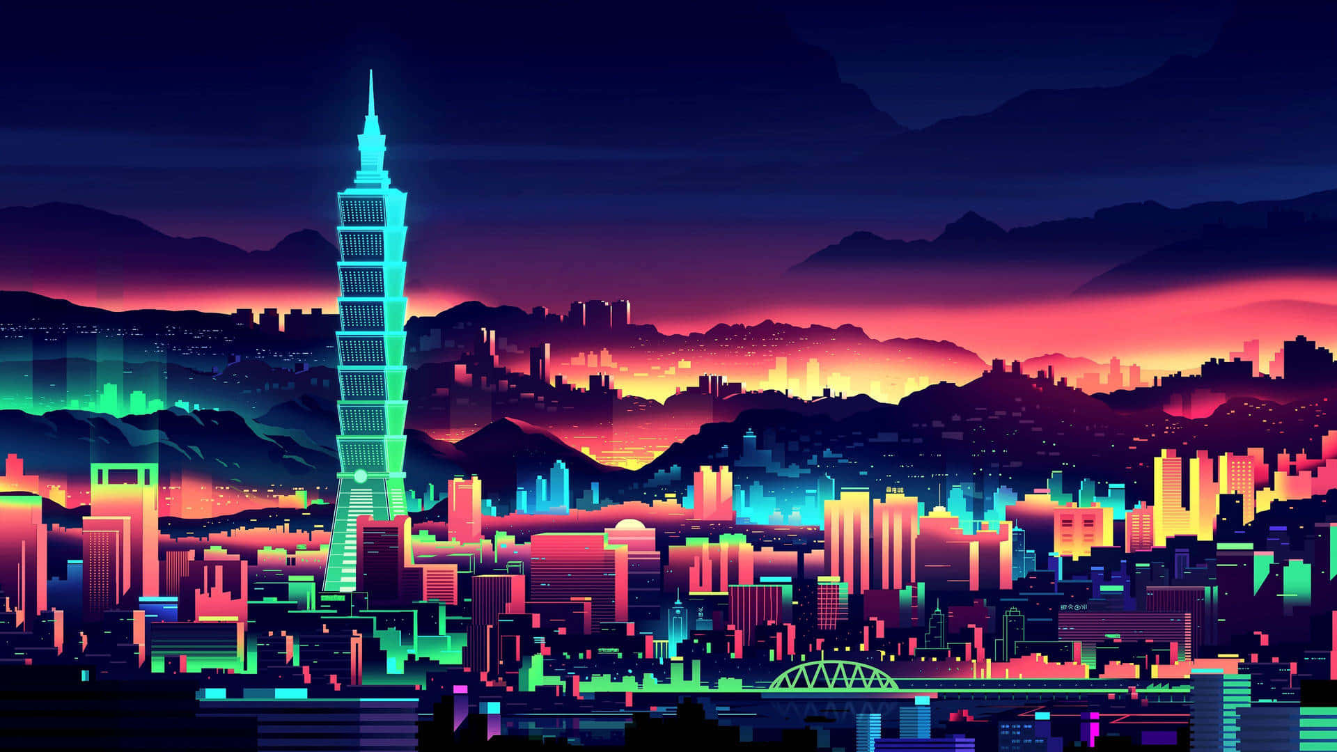 Velkommen til Synthwave City - et futuristisk landskab af neonlys og markante farver. Wallpaper