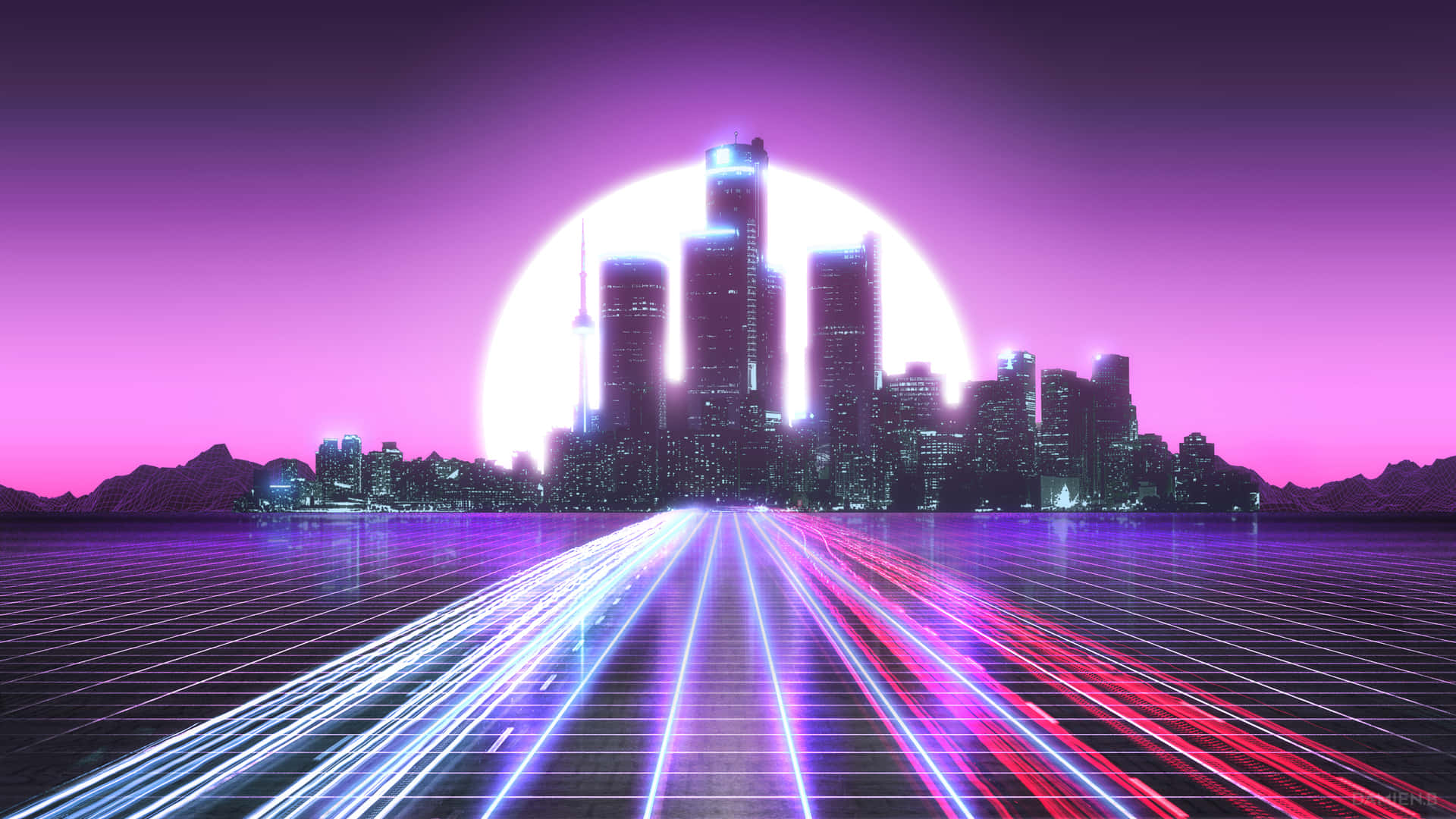 Synthwave City With Pathway Wallpaper