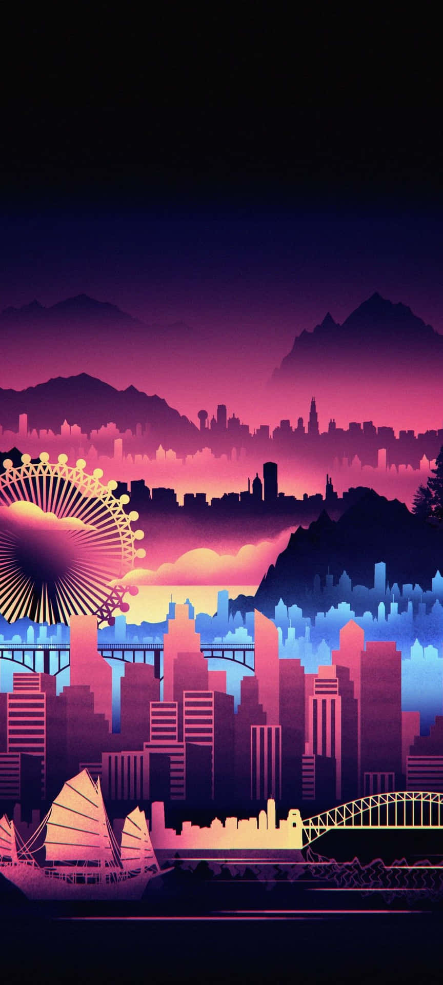 Journey through the neon avenues of Synthwave City Wallpaper