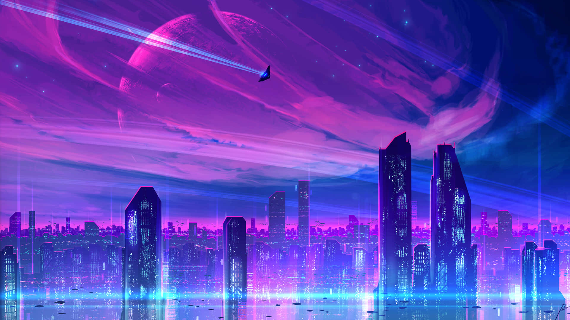 Explore the neon shimmering sights of Synthwave City Wallpaper