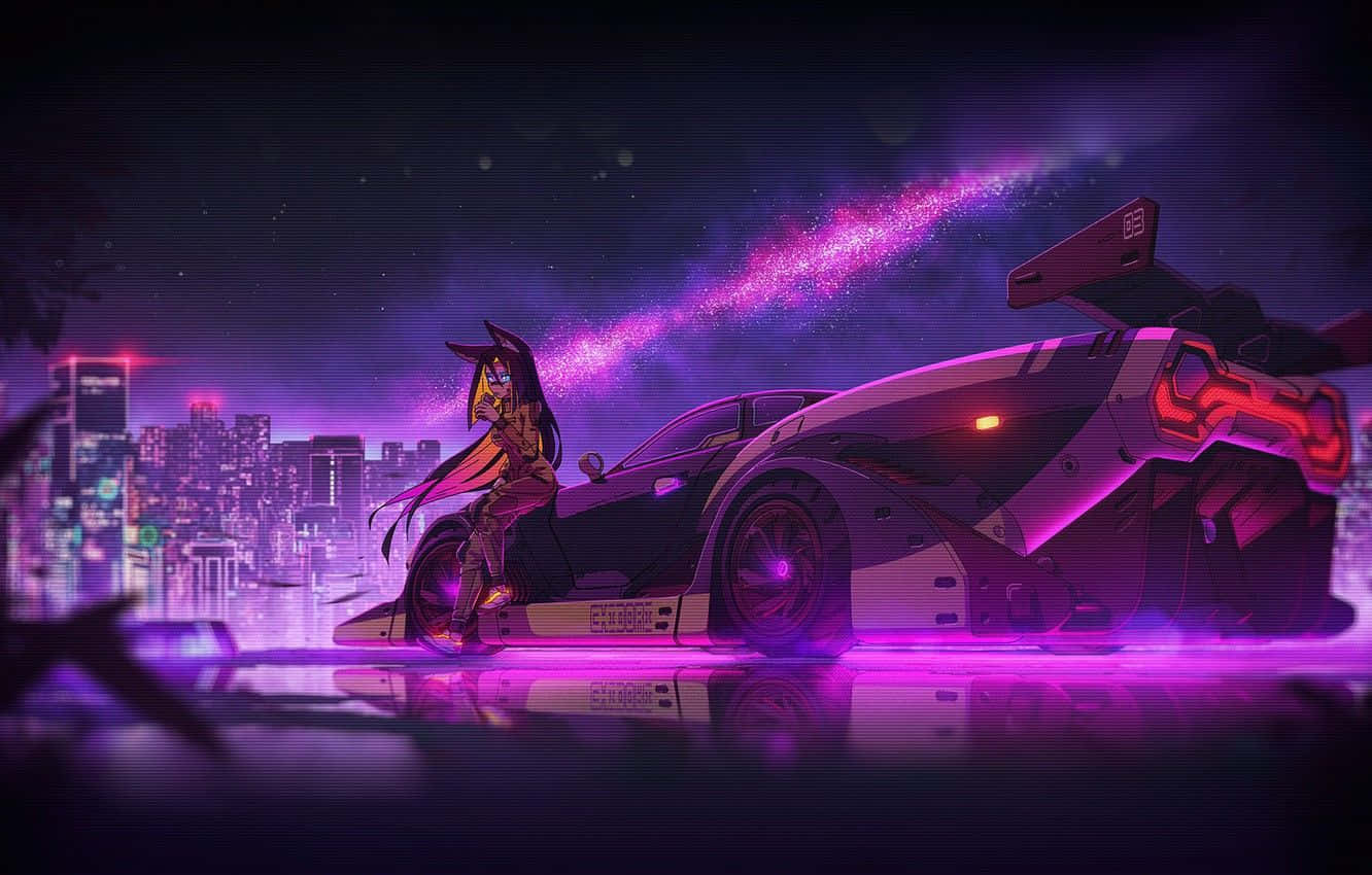 Synthwave City Girl On Car Wallpaper