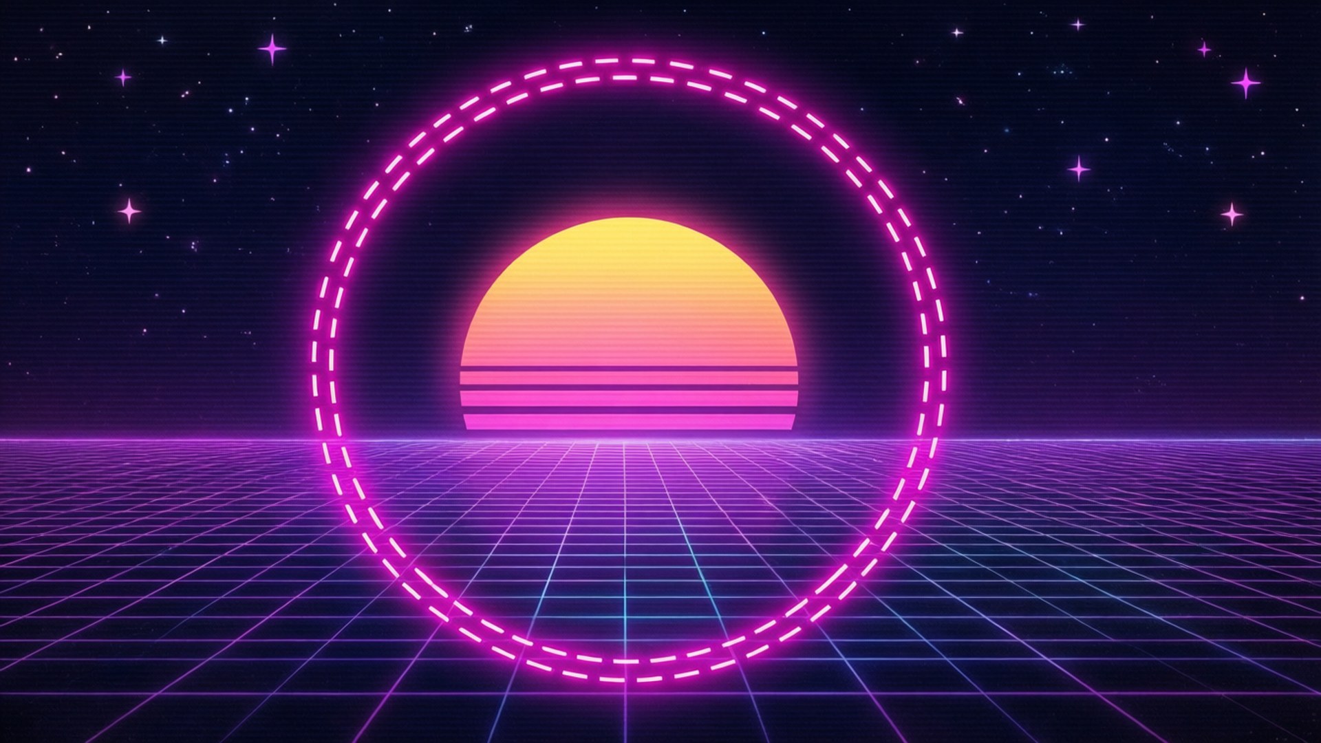 Retro 80-luvun synthwave-taustakuva, jossa neonkatkoviiva ympyrä auringon tilalla.
