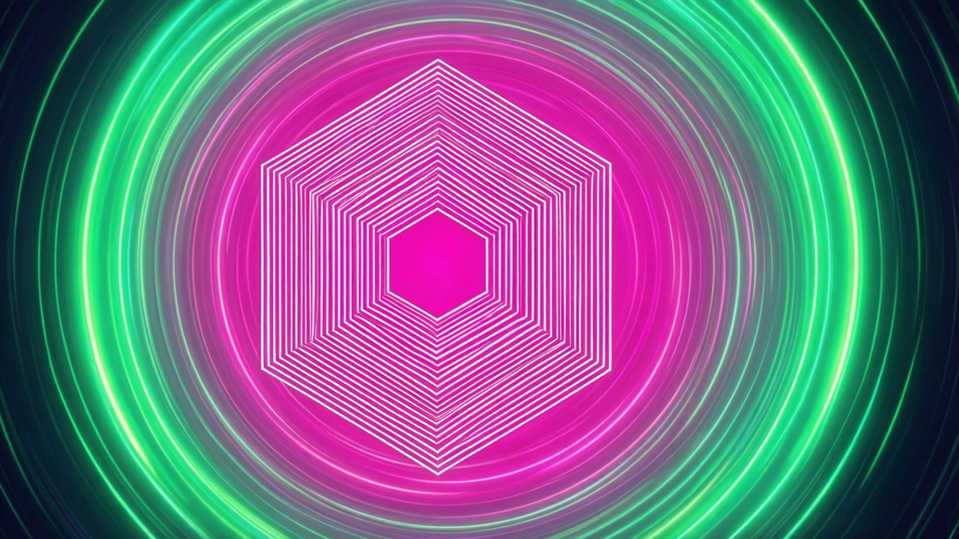 En synthwave radial gradient med geometrisk hexagon mønster.
