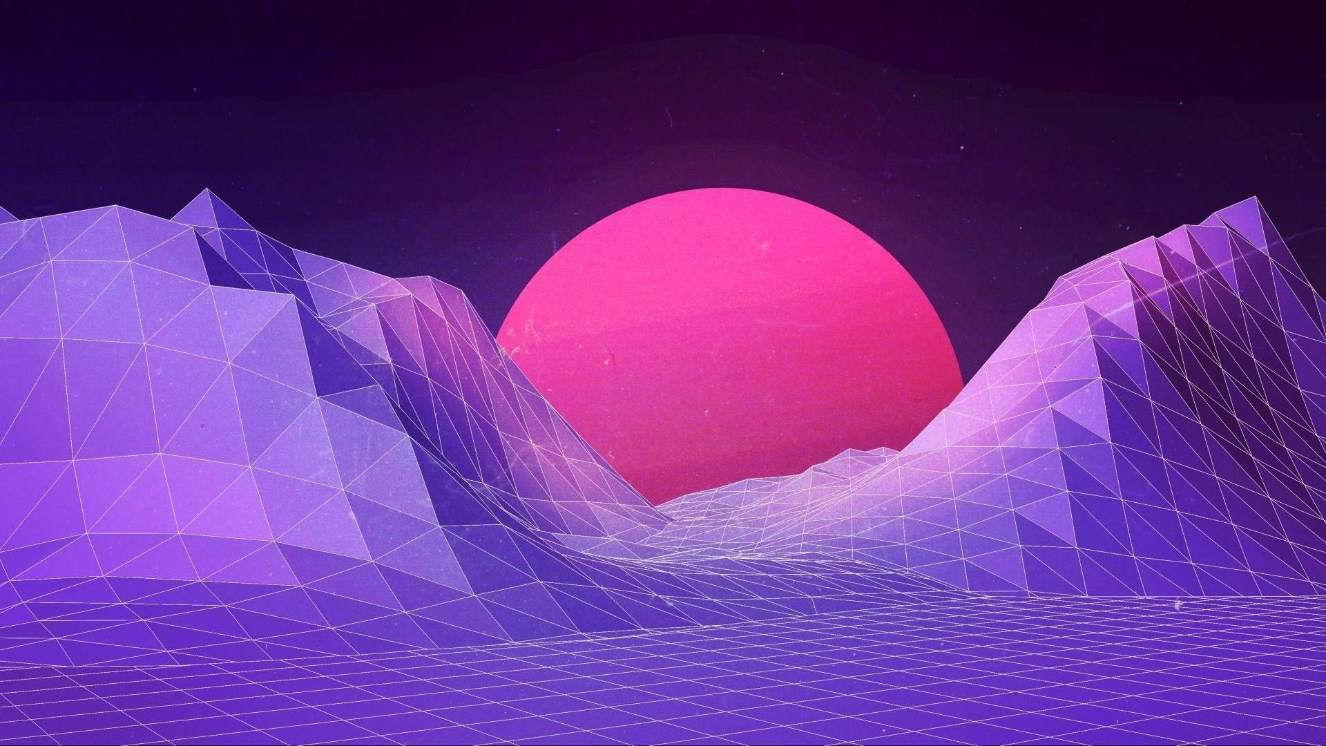 Synthwave Moon On Mountains