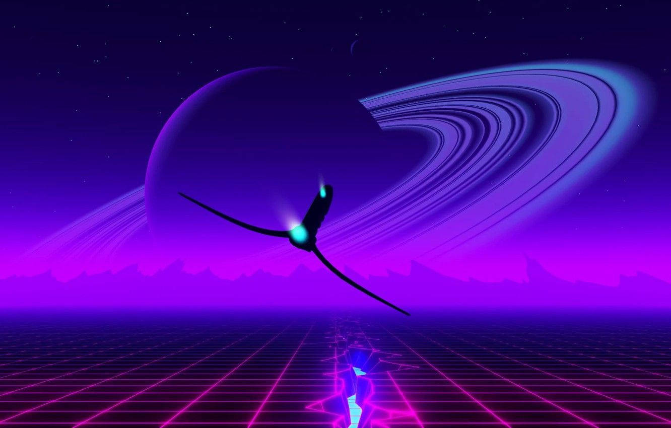 Synthwave Planet And Spaceship Wallpaper