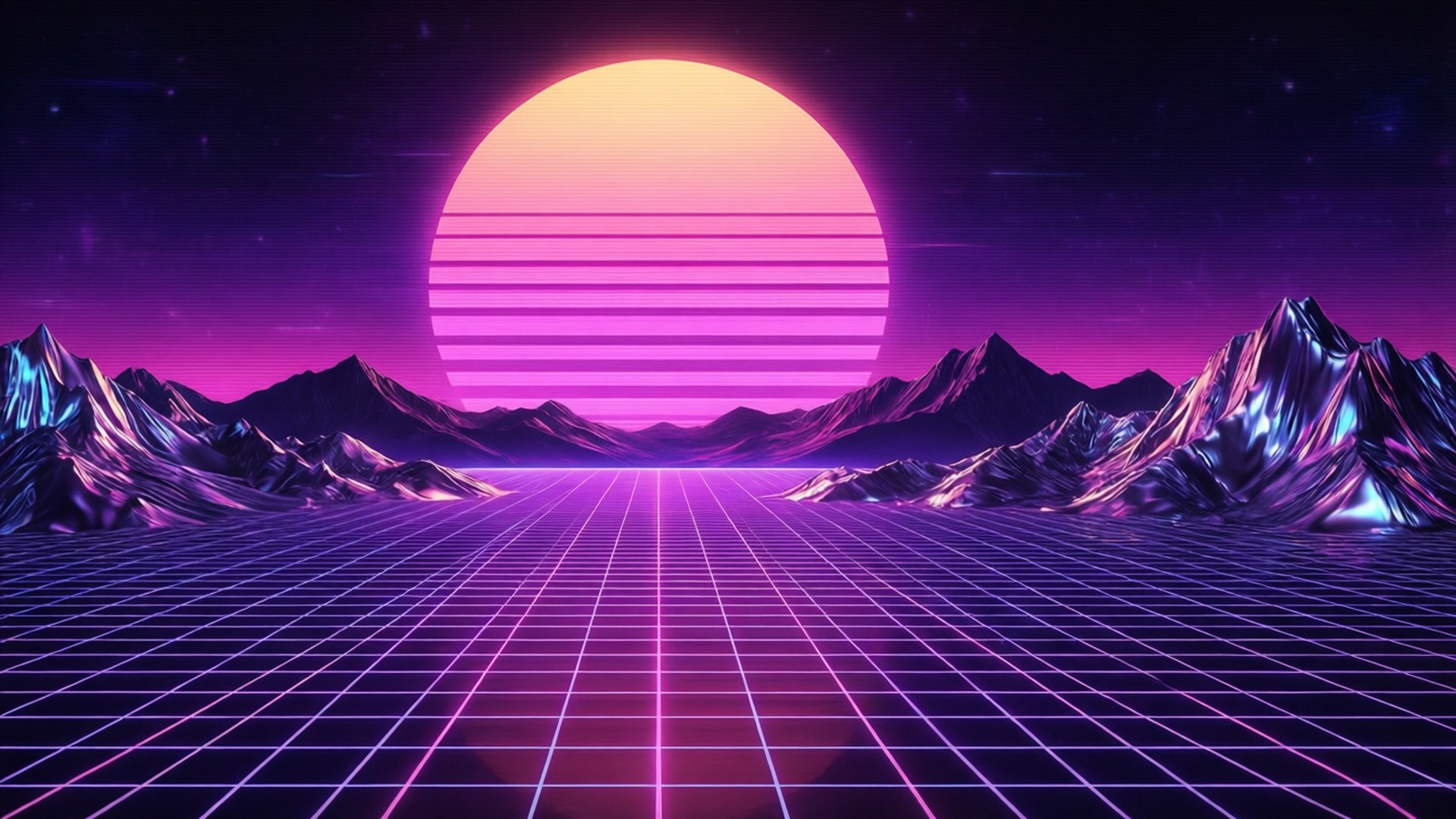 Retro 80'er synthwave-stemning med neongitter og solnedgang.