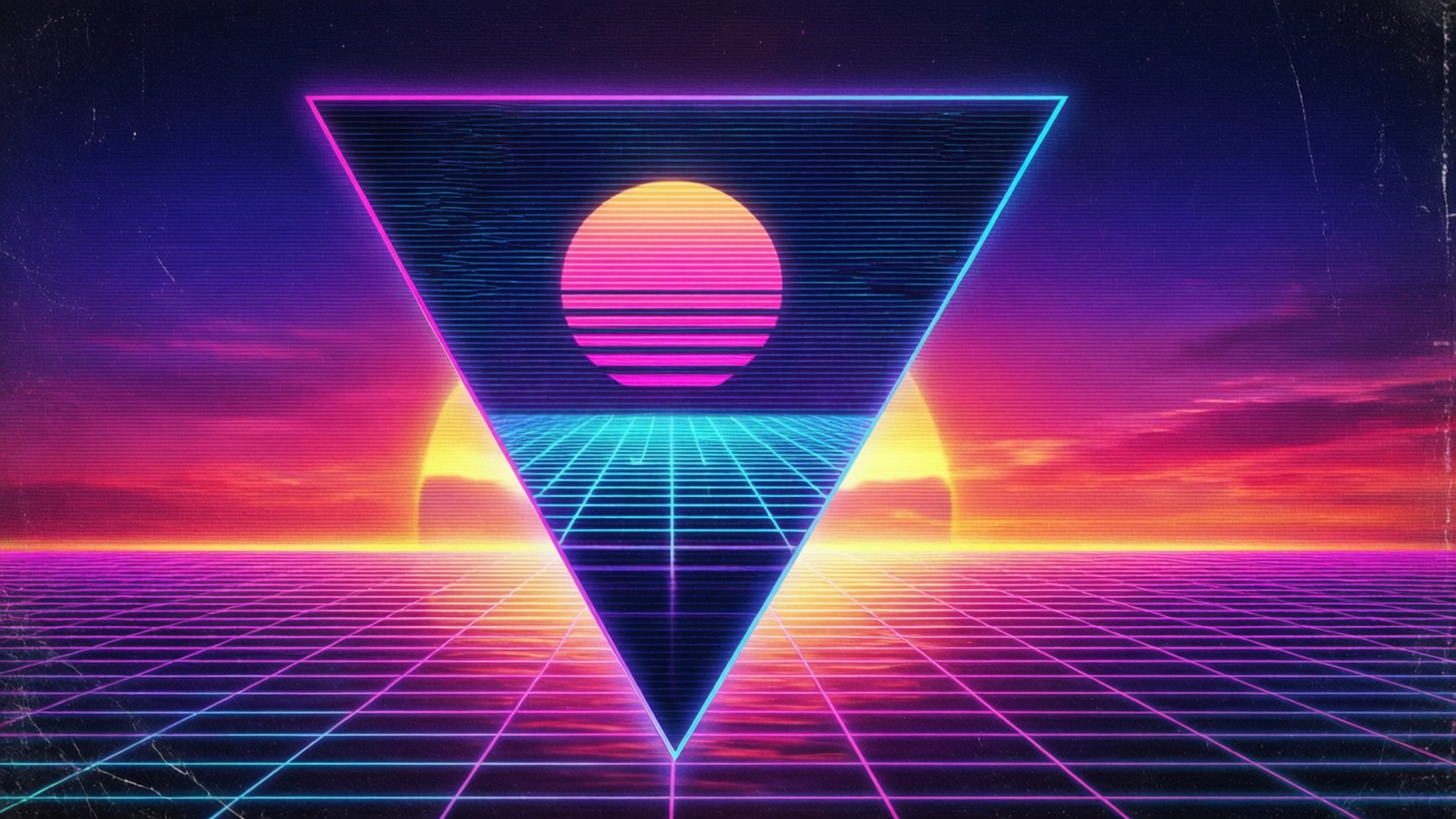 Retro 80'er synthwave tapet med et parallelogram og gitterlinjer, solnedgangsstemning.