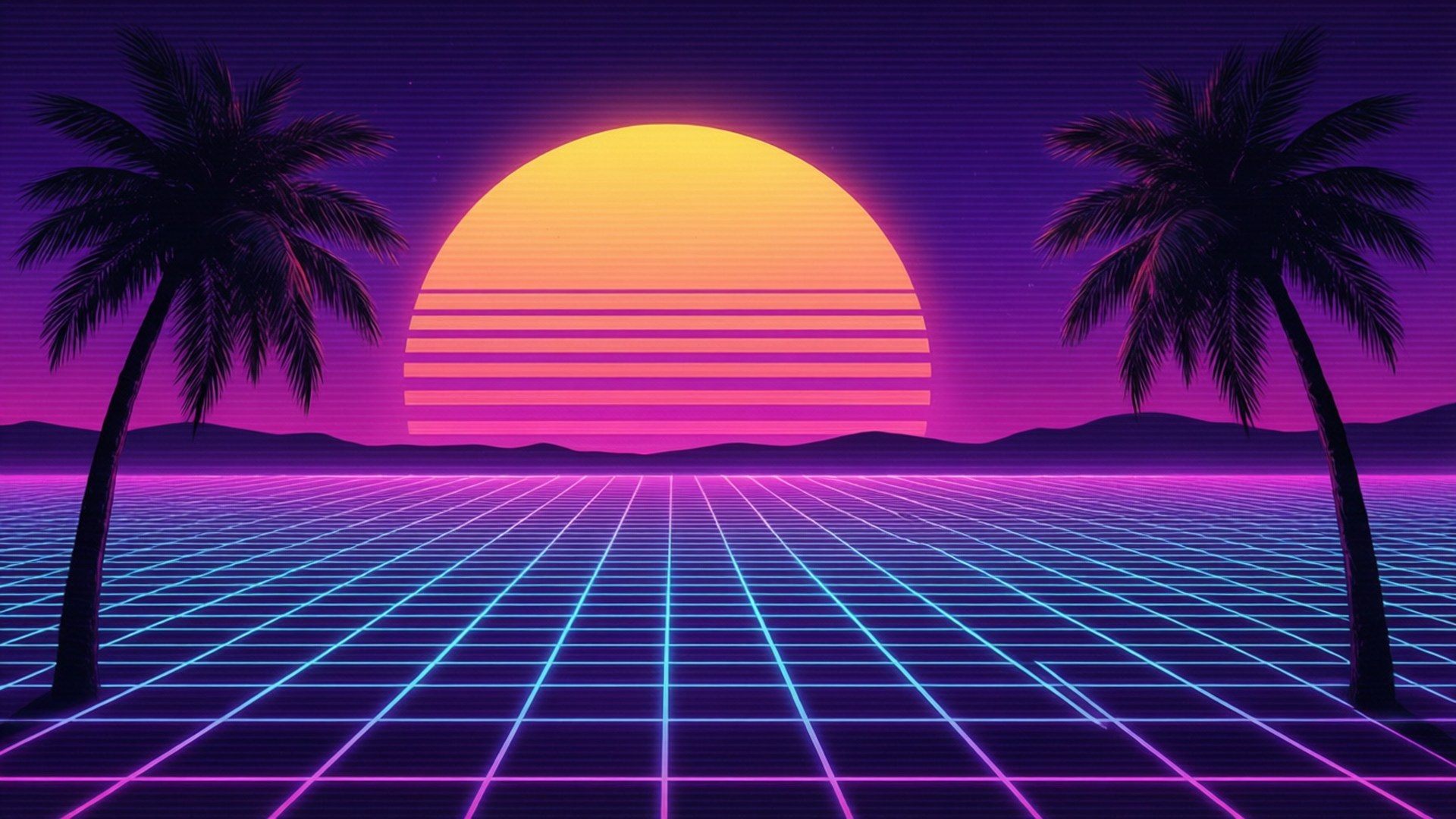 Synthwave-vektoritaustakuva, jossa on auringonlasku, ruudukko ja palmuja.
