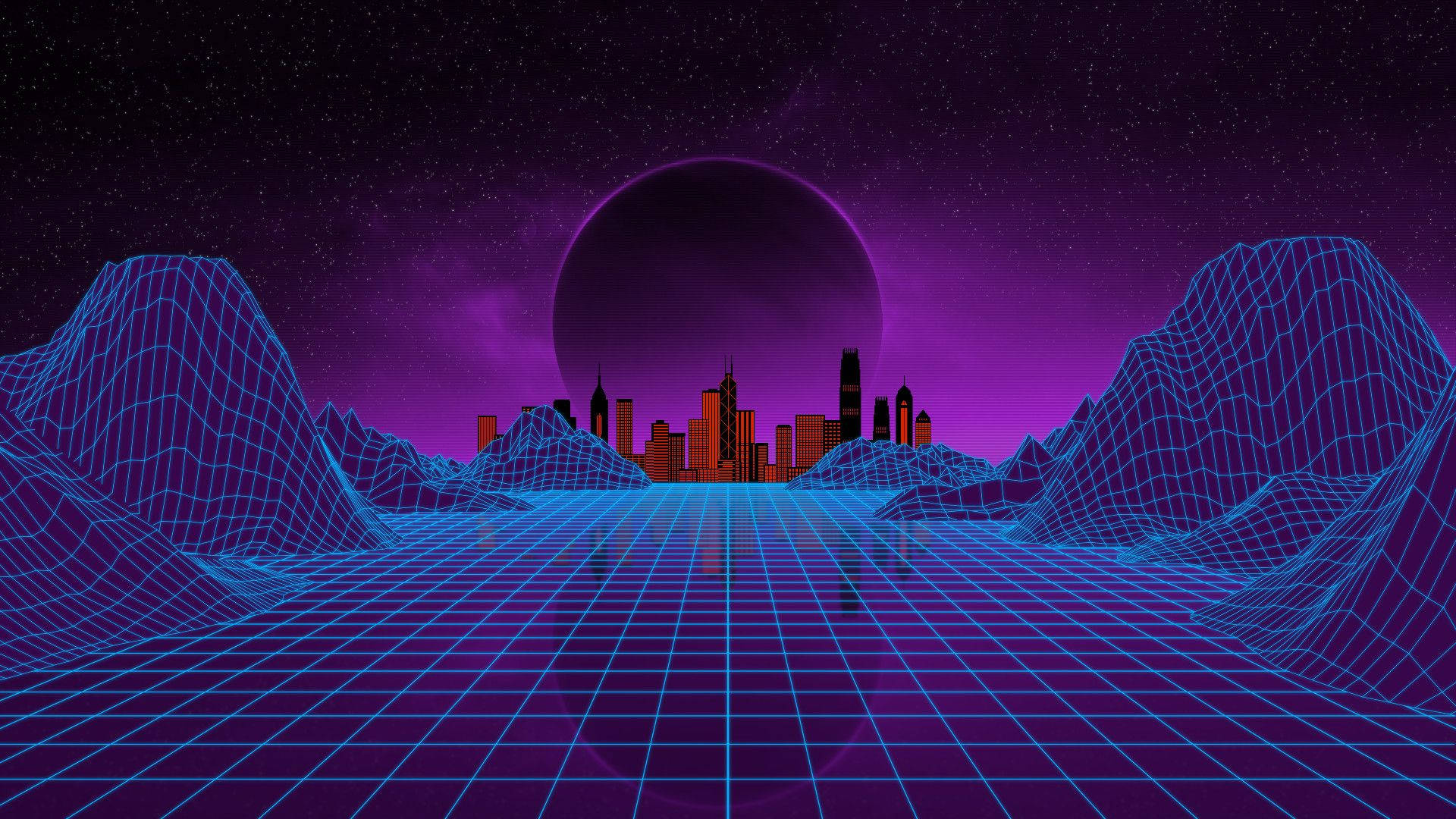 Synthwave Valley City Moon Wallpaper