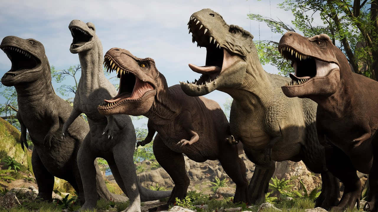 A Group Of Dinosaurs Are Standing In A Field