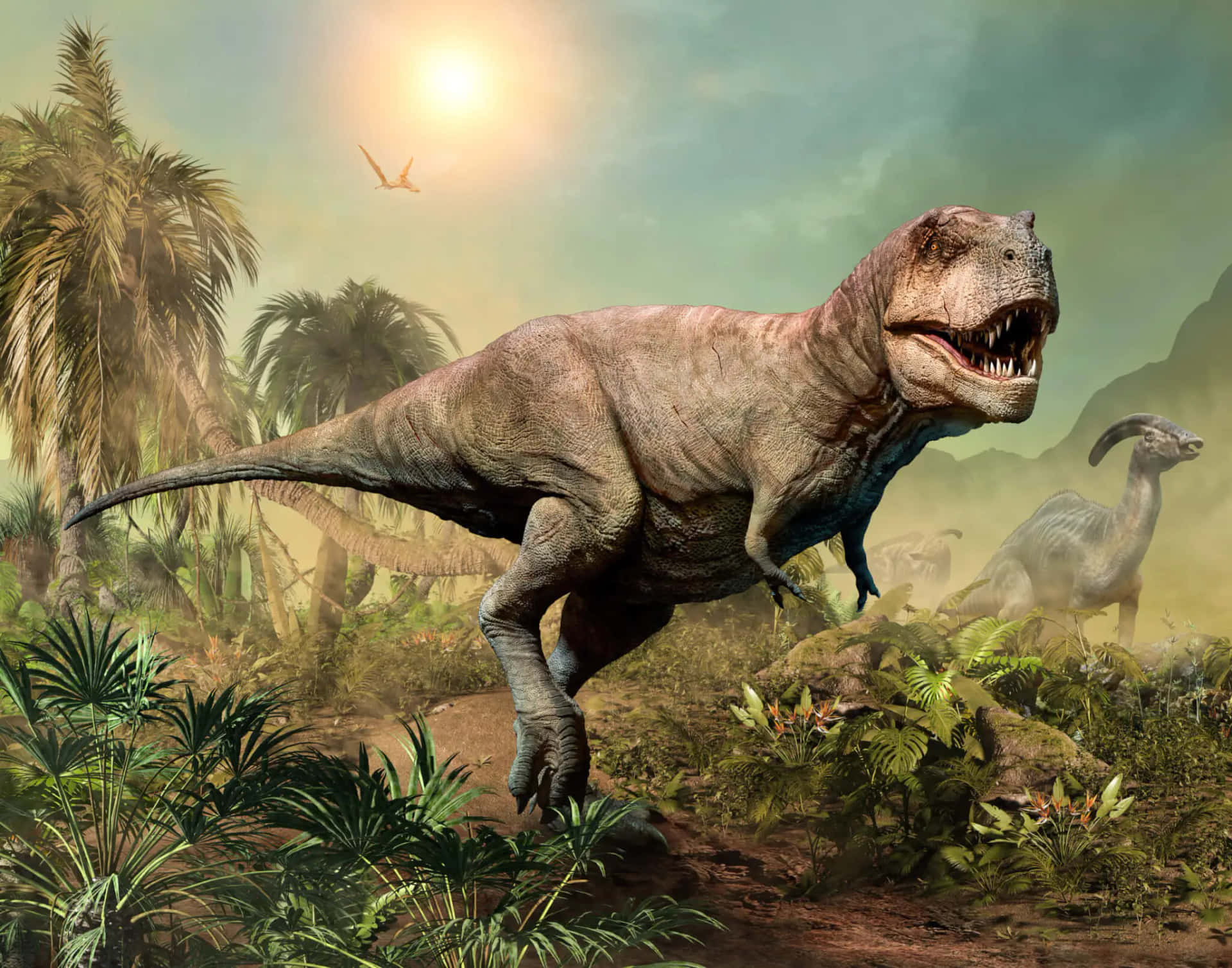 Einewilde Kreatur, Der T-rex, Streift Mit Stärke Und Dominanz Über Die Erde.