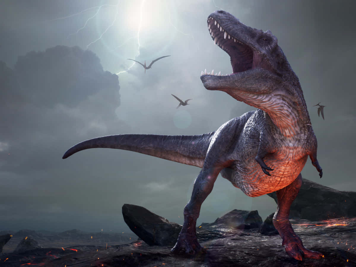 A Dinosaur Is Standing On A Rocky Ground With Lightning