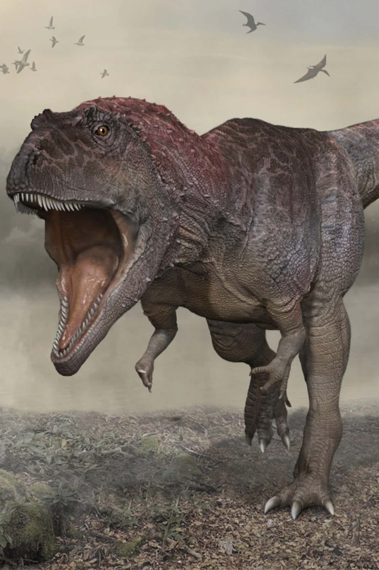 A Dinosaur Is Walking In The Field With Its Mouth Open