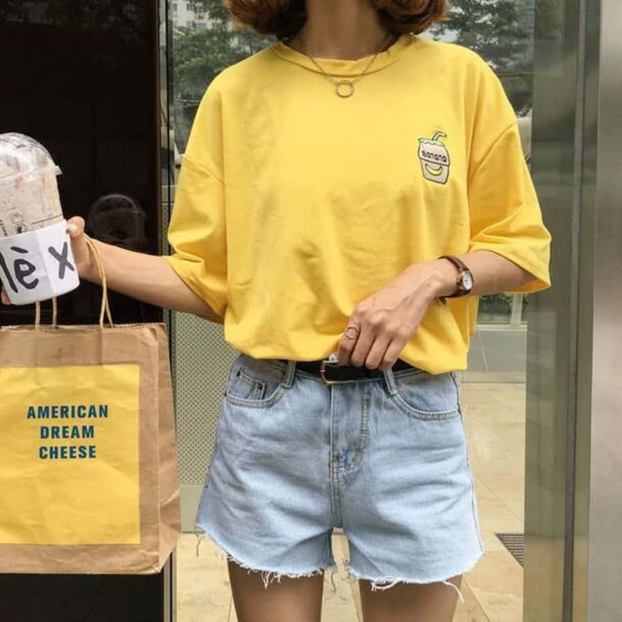 A Woman In Yellow Shorts And A Yellow T - Shirt Holding A Cup Of Coffee