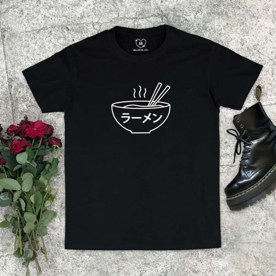 A Black T - Shirt With A Bowl Of Noodles And Roses