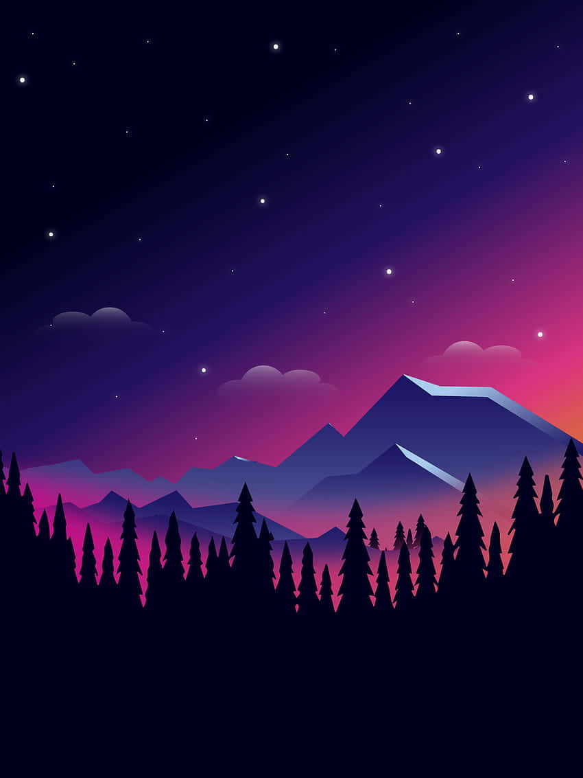 A Mountain Landscape With Stars And Trees At Night