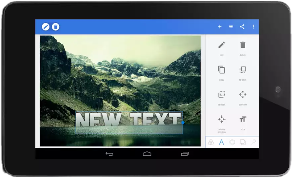 Tablet Editing App Interface PNG — A tablet displays a mountainous landscape wallpaper with a text editing overlay and toolbar.