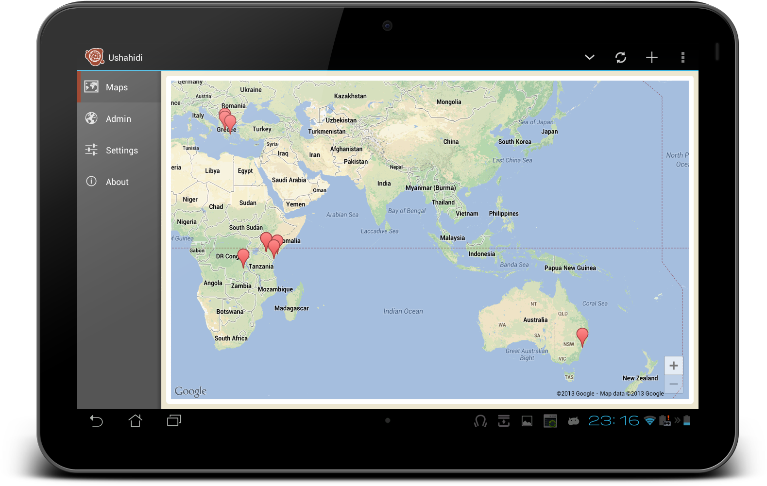 Tablet Map Application Interface PNG — A tablet displays a Google Maps interface with multiple red pins marking locations across Africa and Asia.