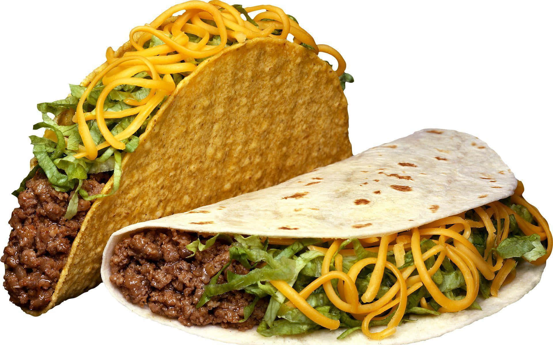 Two Tacos With Cheese And Lettuce On A White Background