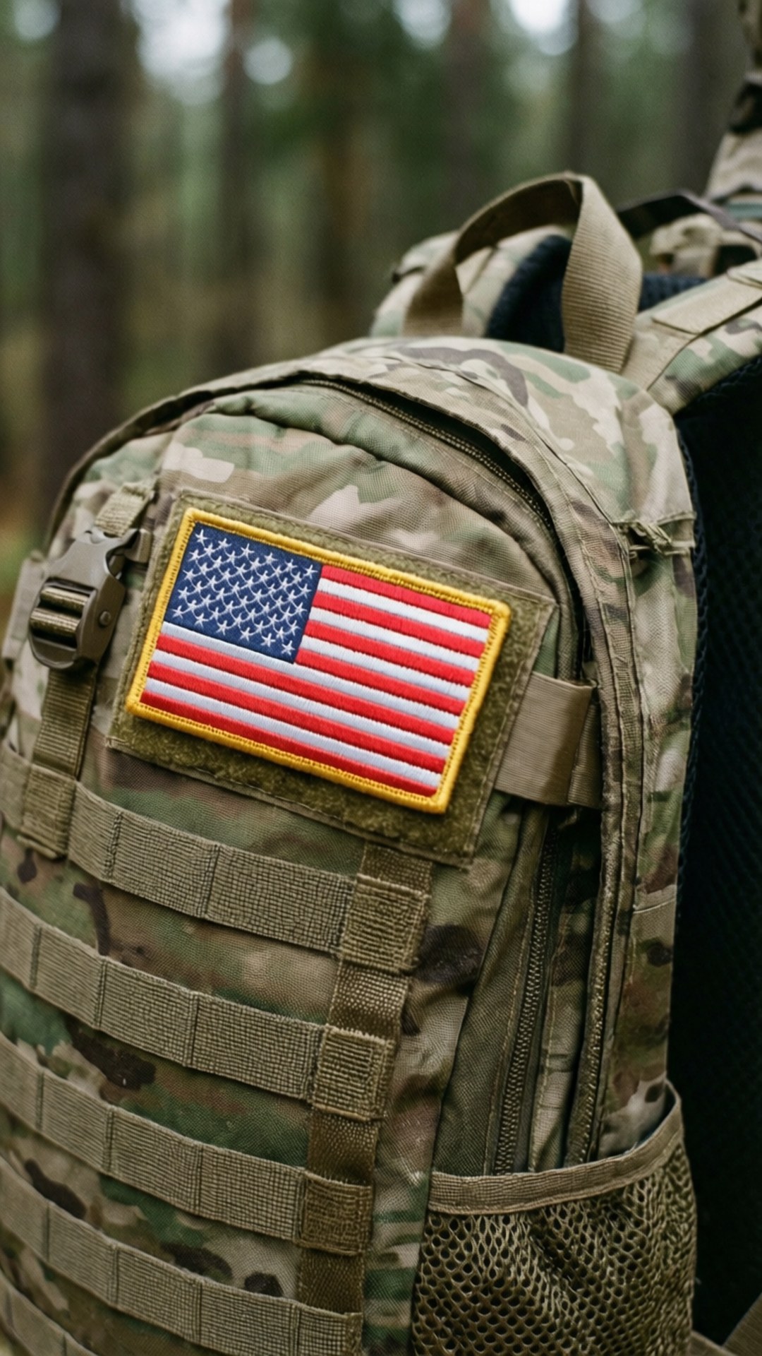 American flag patch on military backpack in forest.