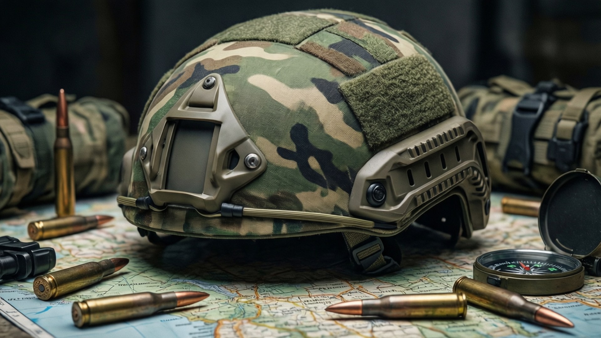 A camo helmet on a map table with tactical gear.