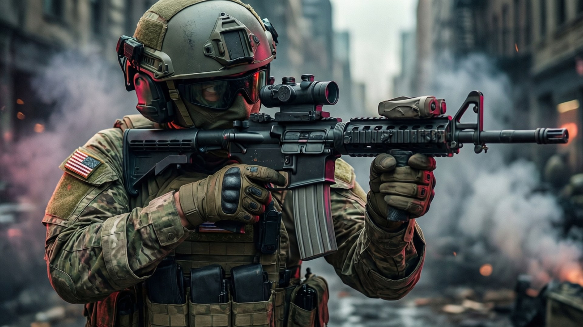 Un wallpaper grintoso di un operatore militare in uno scenario di combattimento urbano.