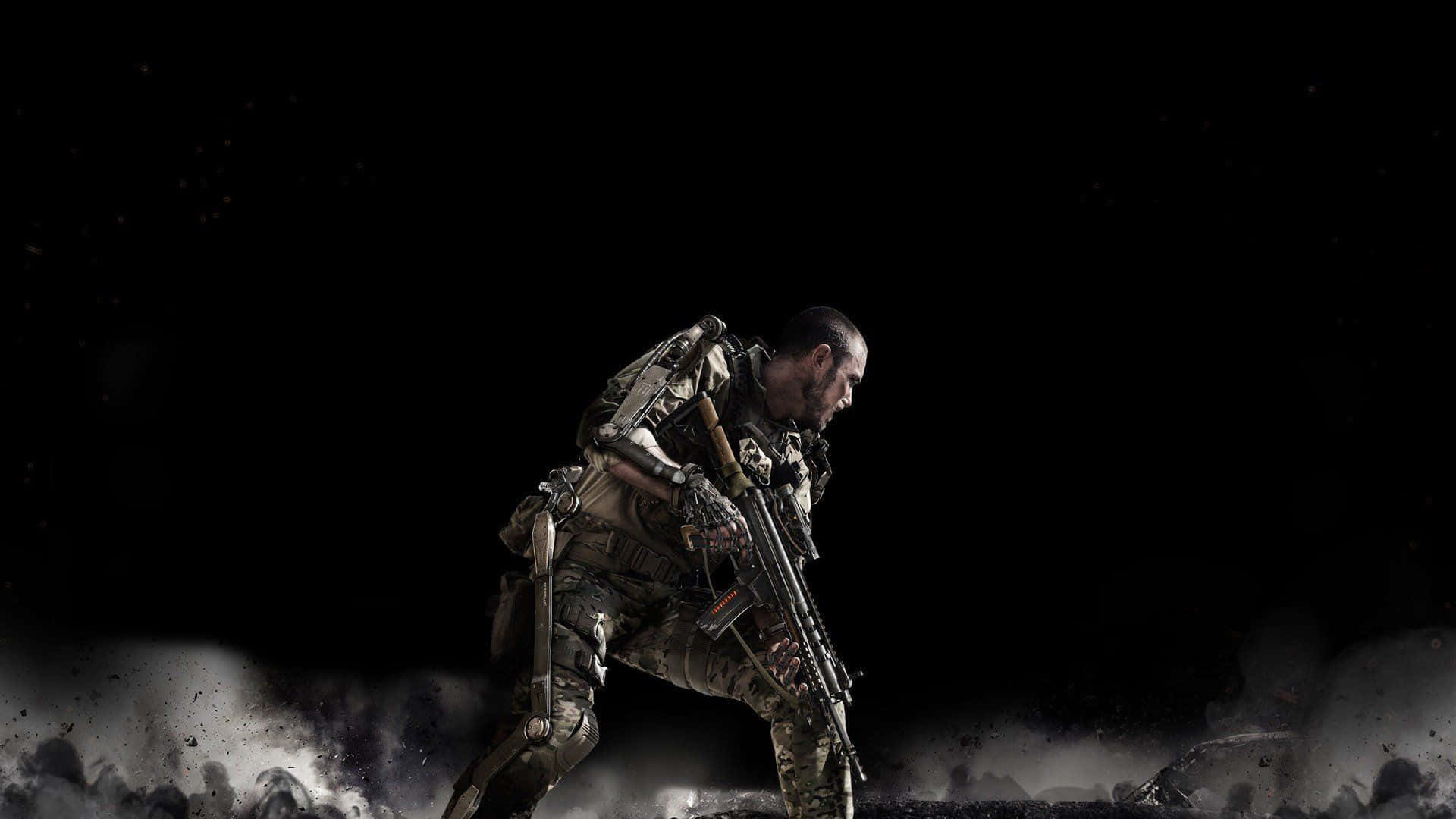 A Soldier Is Standing In The Dark With A Gun Wallpaper