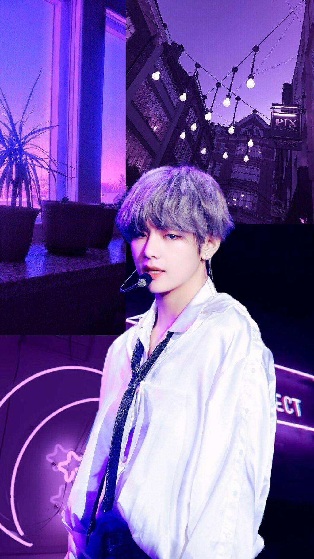 Taehyung Cute On Purple Stage Wallpaper