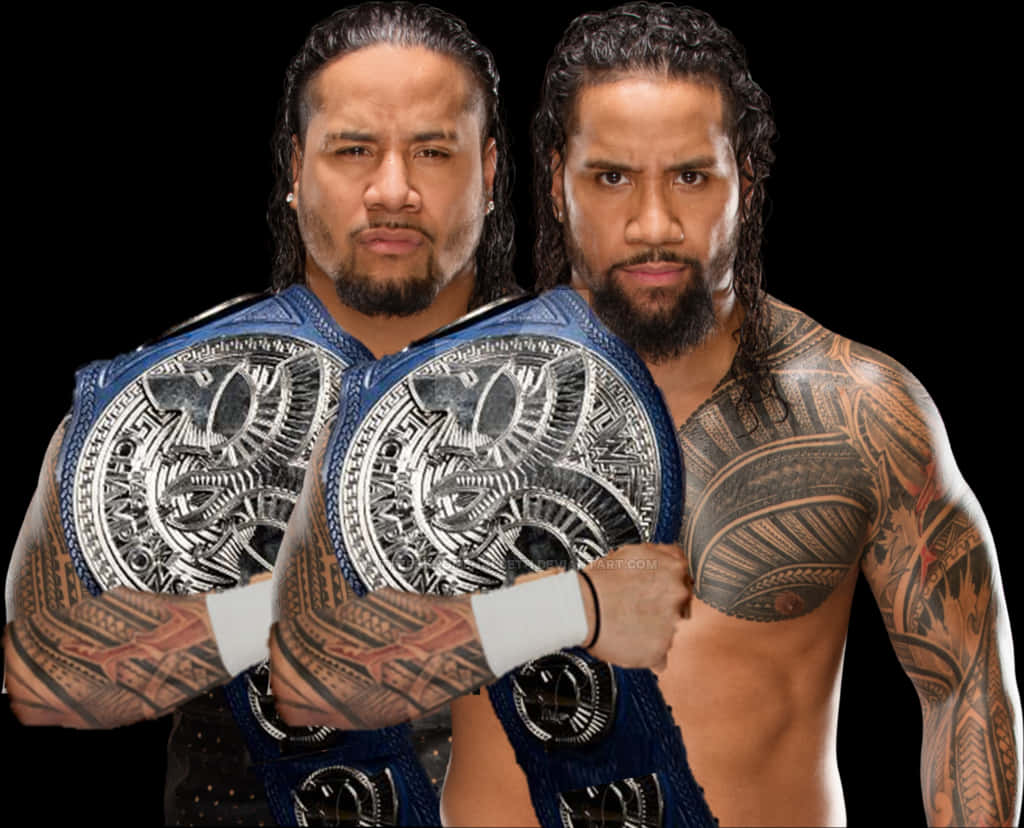 Tag Team Champions Posing With Belts PNG