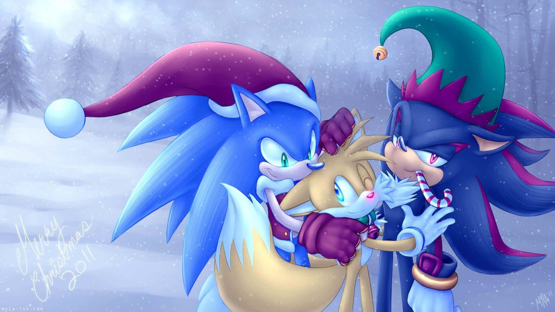 Sonicund Sonic The Hedgehog In Weihnachtsmützen. Wallpaper